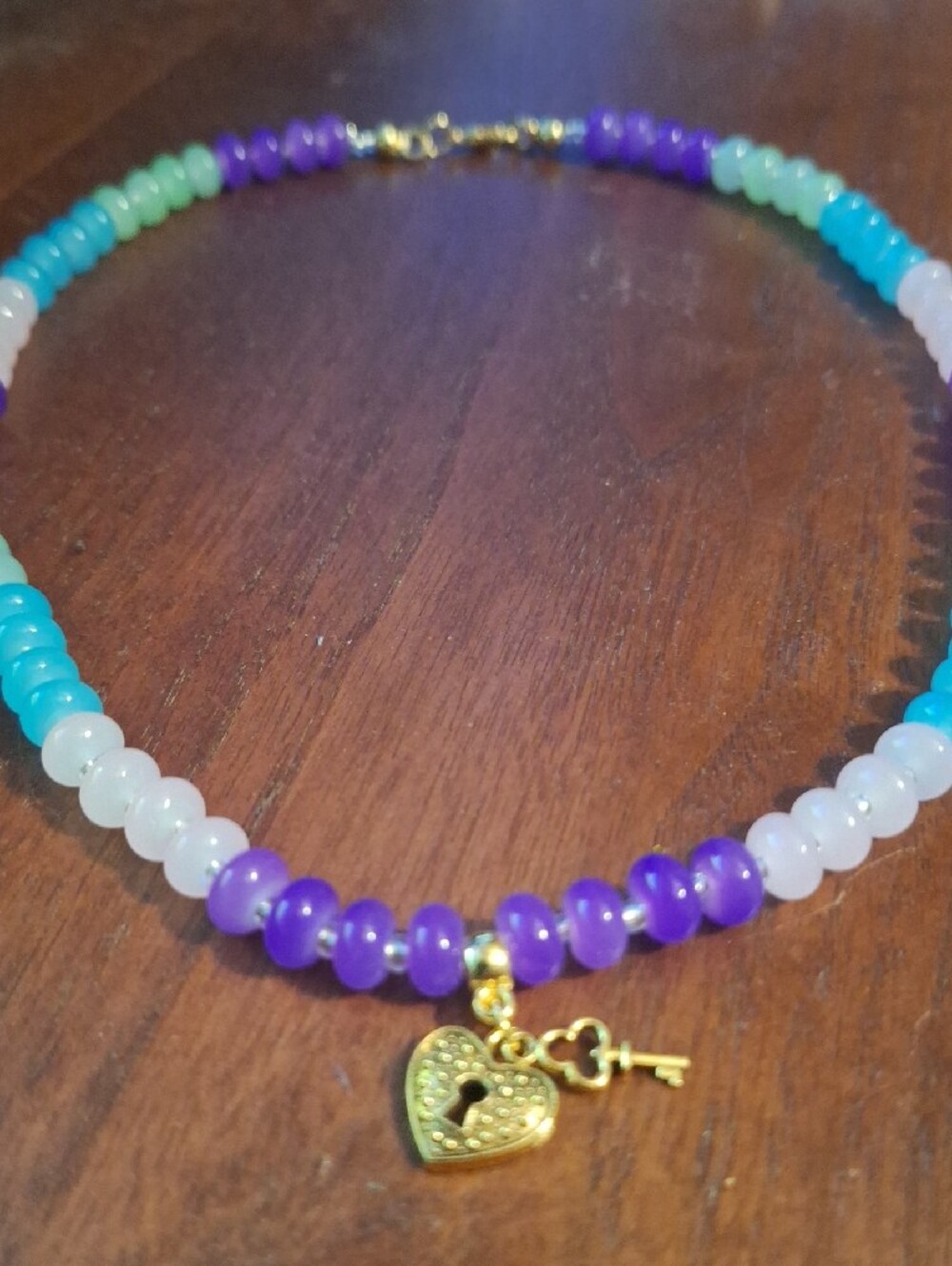 Gold Heart Lock Charm Multicolor Beaded Necklace - Picture 4 of 6